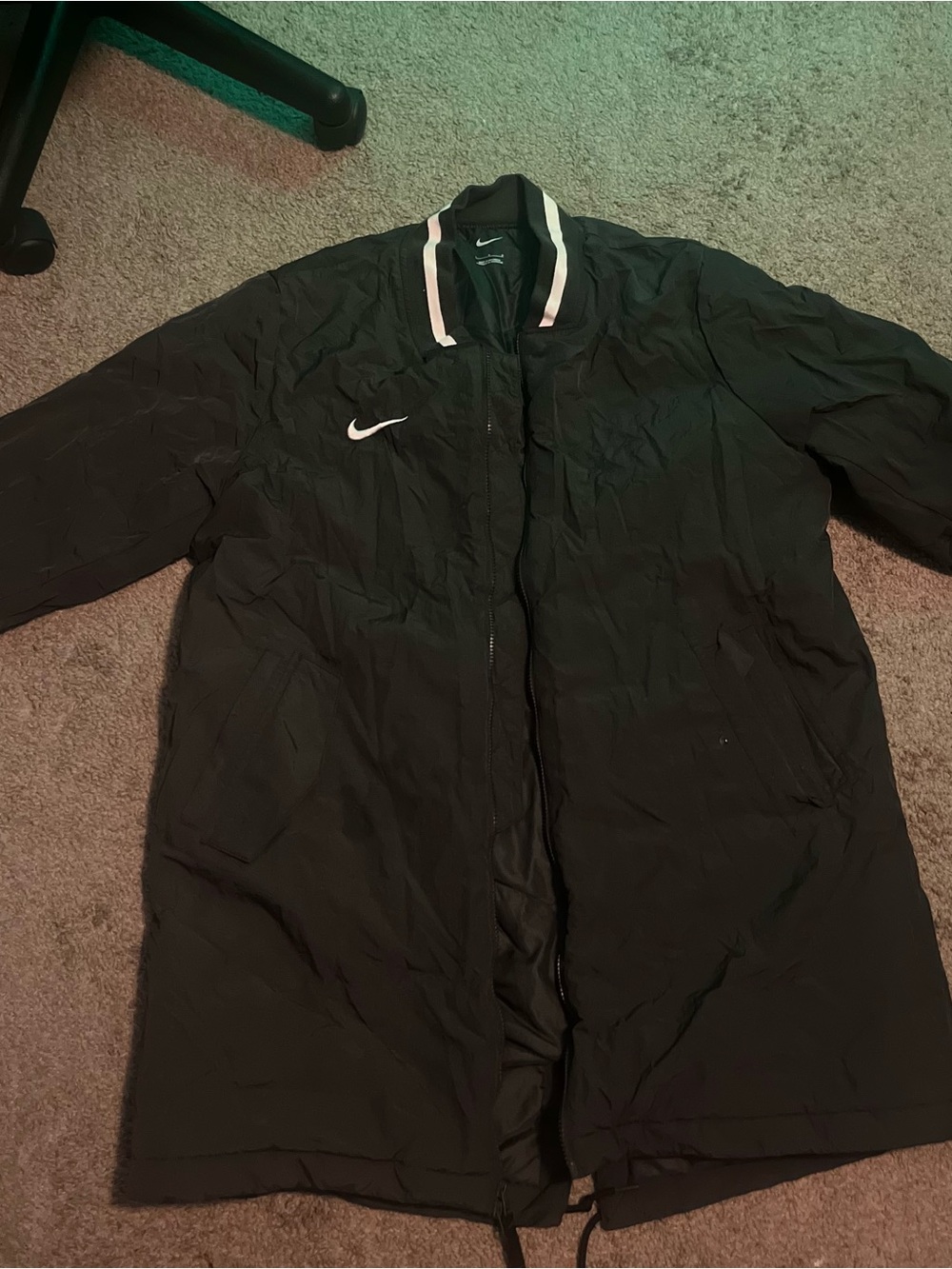 Nike Black Long Trench Coat with White Trim Collar